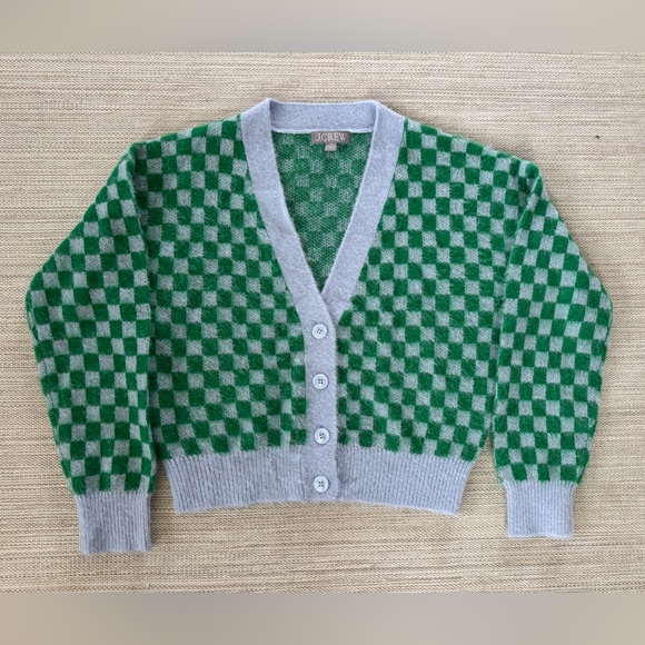 J. Crew Sweaters - J.Crew green checkered v-neck‎ cardigan sweater brushed yarn wool blend women XS